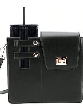 Black Structured Crossbody Bag with Gold Turn-Lock